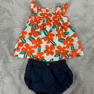 PatPat Floral Top and Denim Bloomers Set Kids 6-9M Orange Blue Ruffle Sleeve